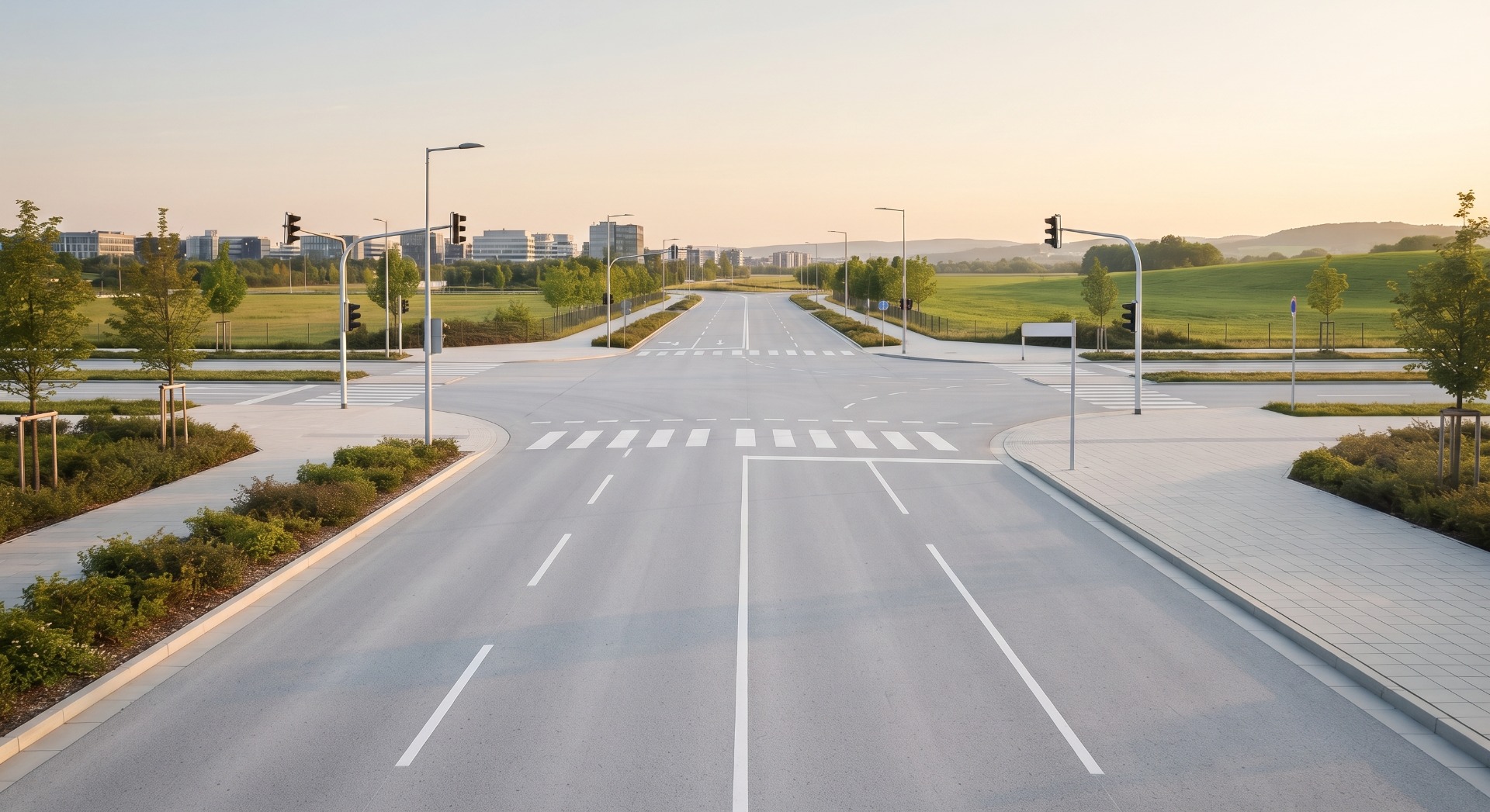 Wide empty road with lane markings, modern streetlights, and green fields at sunset.